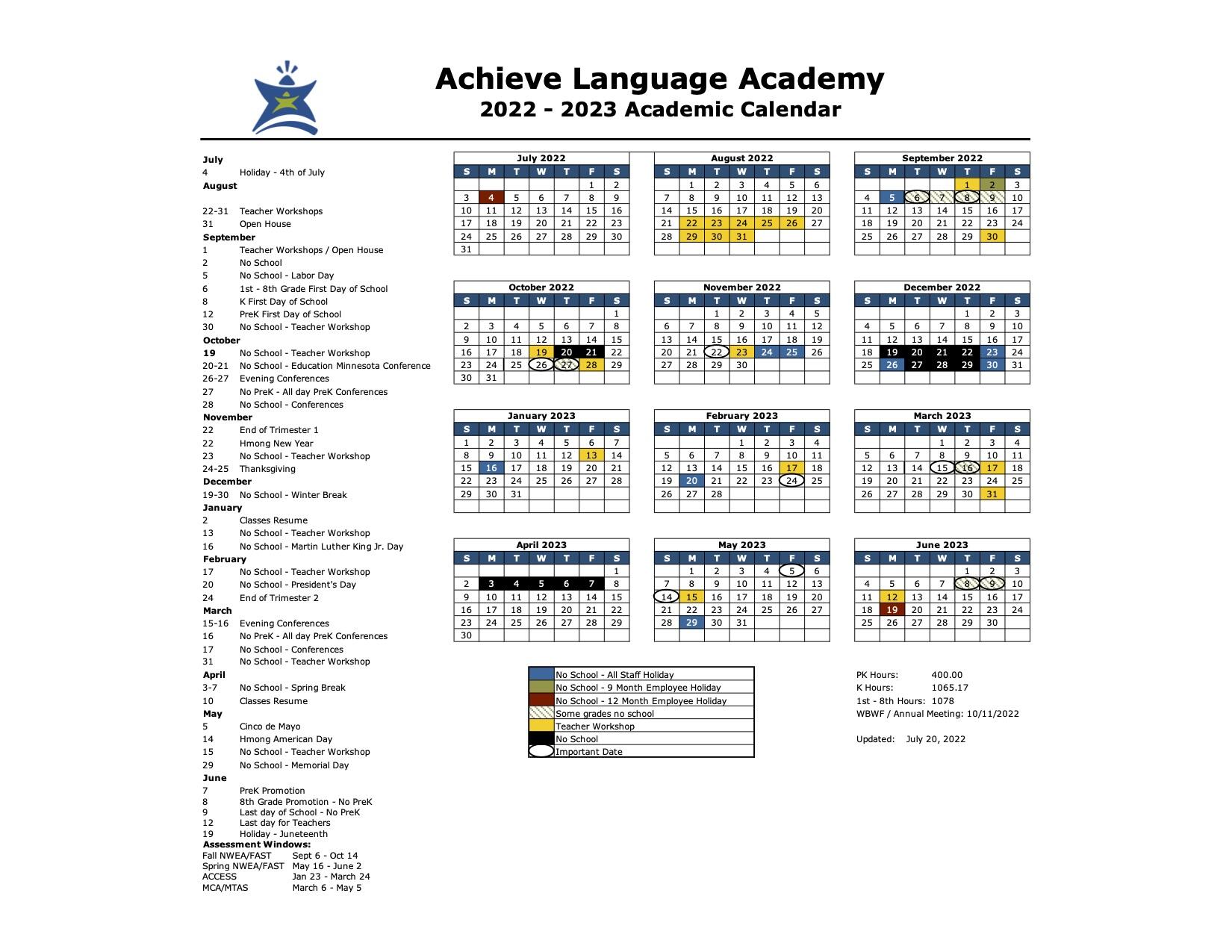Achieve Academy Printable Events Calendar for 2022-2023