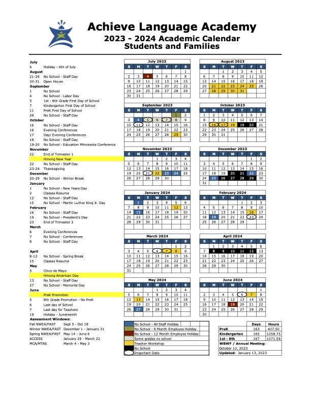 Achieve Academy Printable Events Calendar for 2023-2024