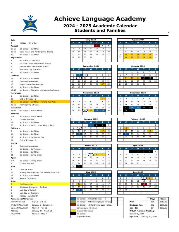 Achieve Academy Printable Events Calendar for 2024-2025